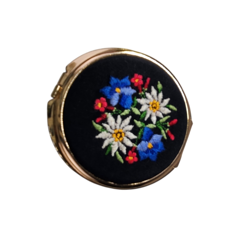 Vintage Swiss Floral Embrodered Compact Purse Dresser Double Sided Hand Mirror - Picture 3 of 10